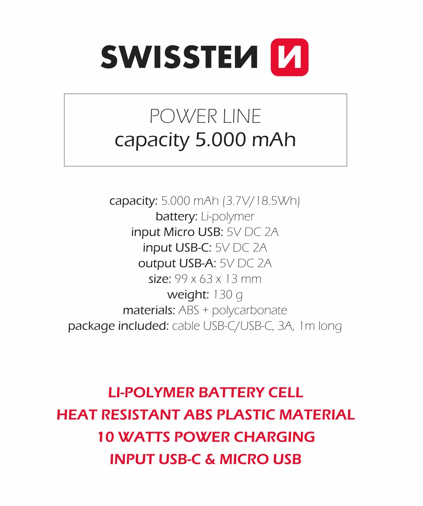 SWISSTEN POWER BANK 5000mAh 10W 22013910