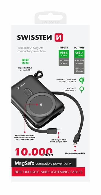 SWISSTEN POWER BANK 10000mAh CON LED DISPLAY Qi MagSafe CON CAVI INTEGRATI USB-C E LIGHTNING 22.5W 22013933