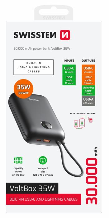 SWISSTEN POWER BANK 30000mAh VOLTBOX CON LED DISPLAY E CAVI INTEGRATI USB-C E LIGHTNING 35W 22013938