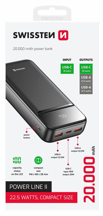 SWISSTEN POWER BANK 20000mAh CON LED DISPLAY POWER LINE II 22W 22013947