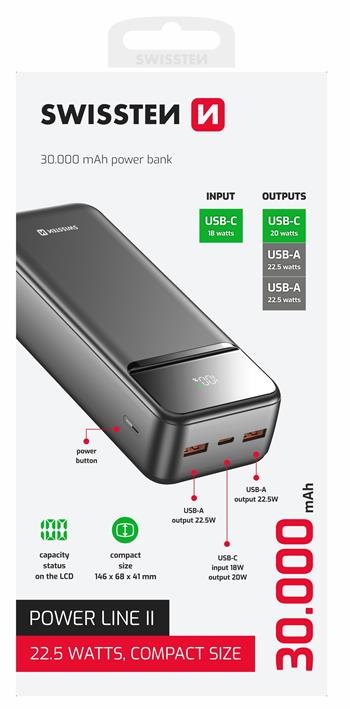 SWISSTEN POWER BANK 30000mAh CON LED DISPLAY POWER LINE II 22.5W 22013948