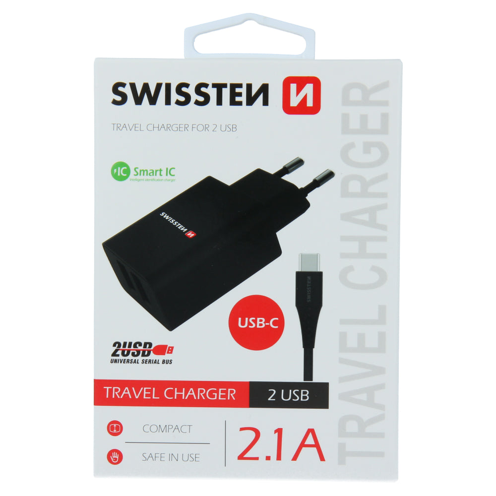 SWISSTEN CARICABATTERIE 10,5W DUE PORTE USB-A 2.1A CON CAVO USB-A USB-C 22054000