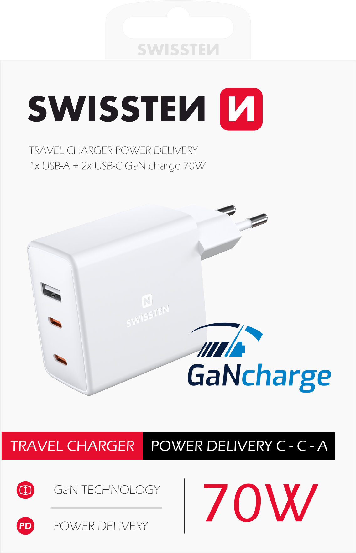 SWISSTEN CARICABATTERIE 70W TRIO (DUE PORTE USB-C ED UNA USB-A) POWER DELIVERY GaN QUICK CHARGER 3.0 22054100