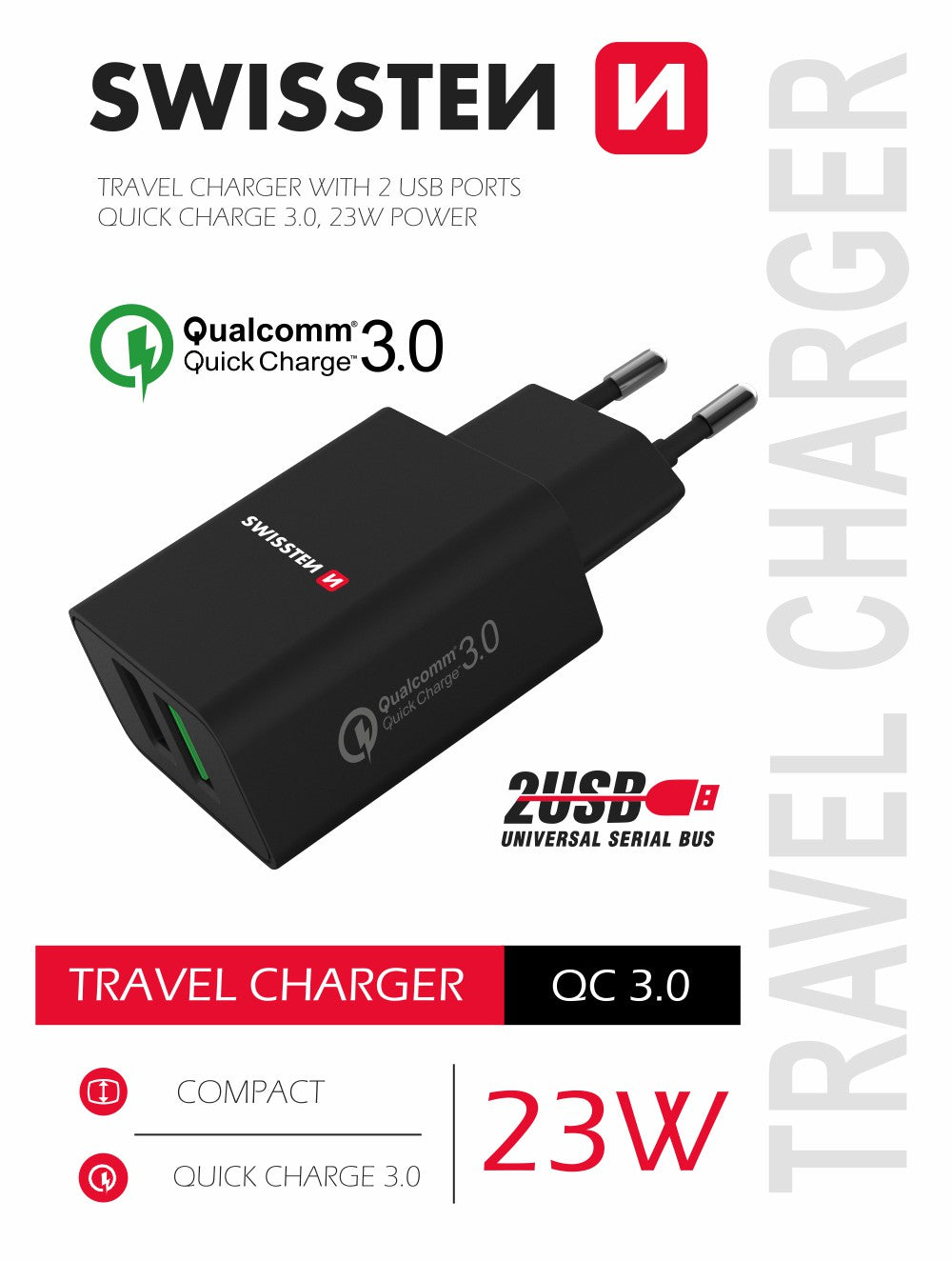 SWISSTEN CARICABATTERIE 23W CON 2 PORTE USB (1 QC 3.0) QUALCOMM QUICK CHARGER 3.0 22060200