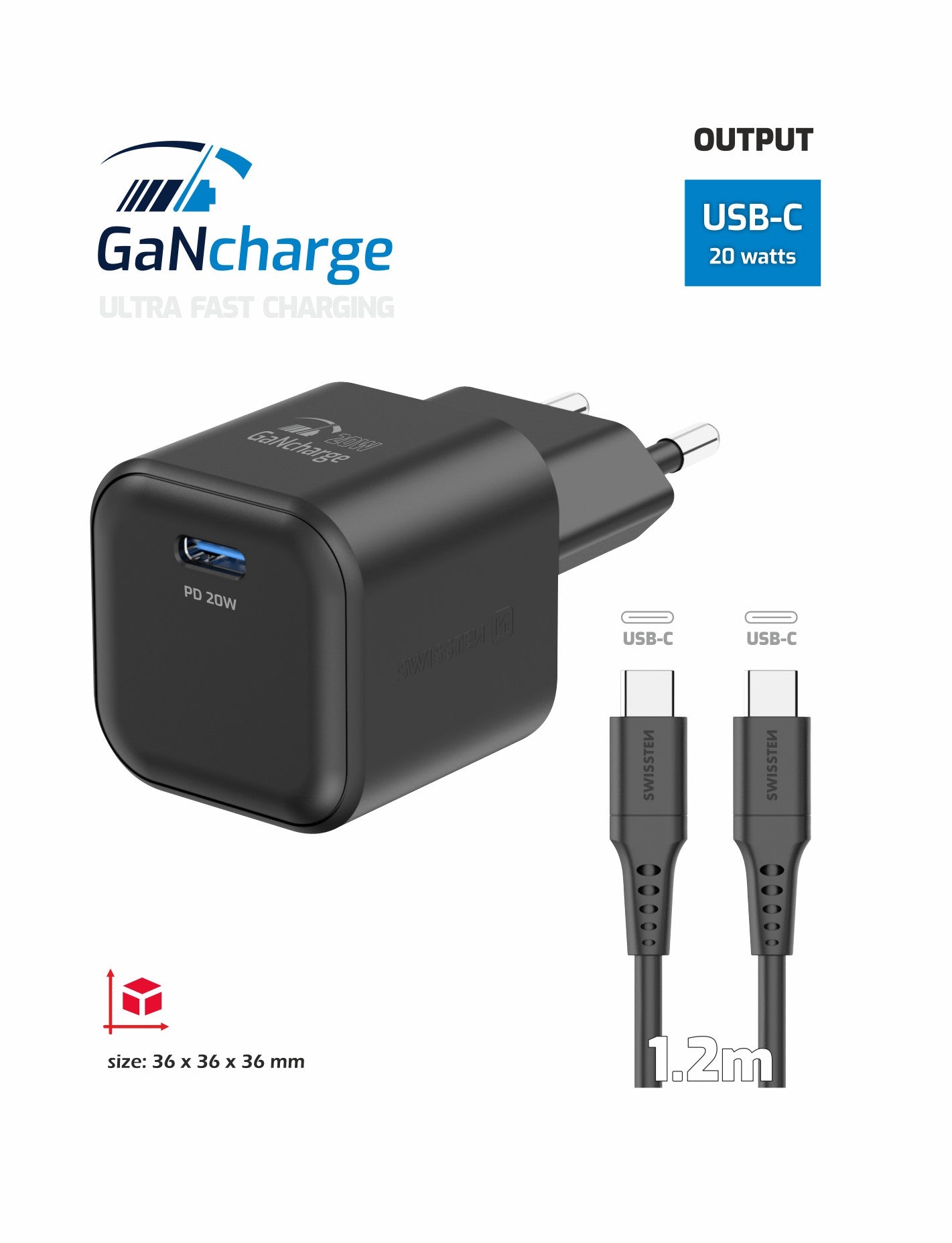 SWISSTEN CARICABATTERIE 20W POWER DELIVERY GaN USB-C CON CAVO USB-C USB-C 60W (480 mb/s) 22070130