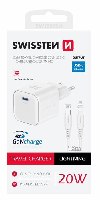 SWISSTEN CARICABATTERIE 20W POWER DELIVERY GaN USB-C CON CAVO USB-C LIGHTNING 27W (480 mb/s) 22070140