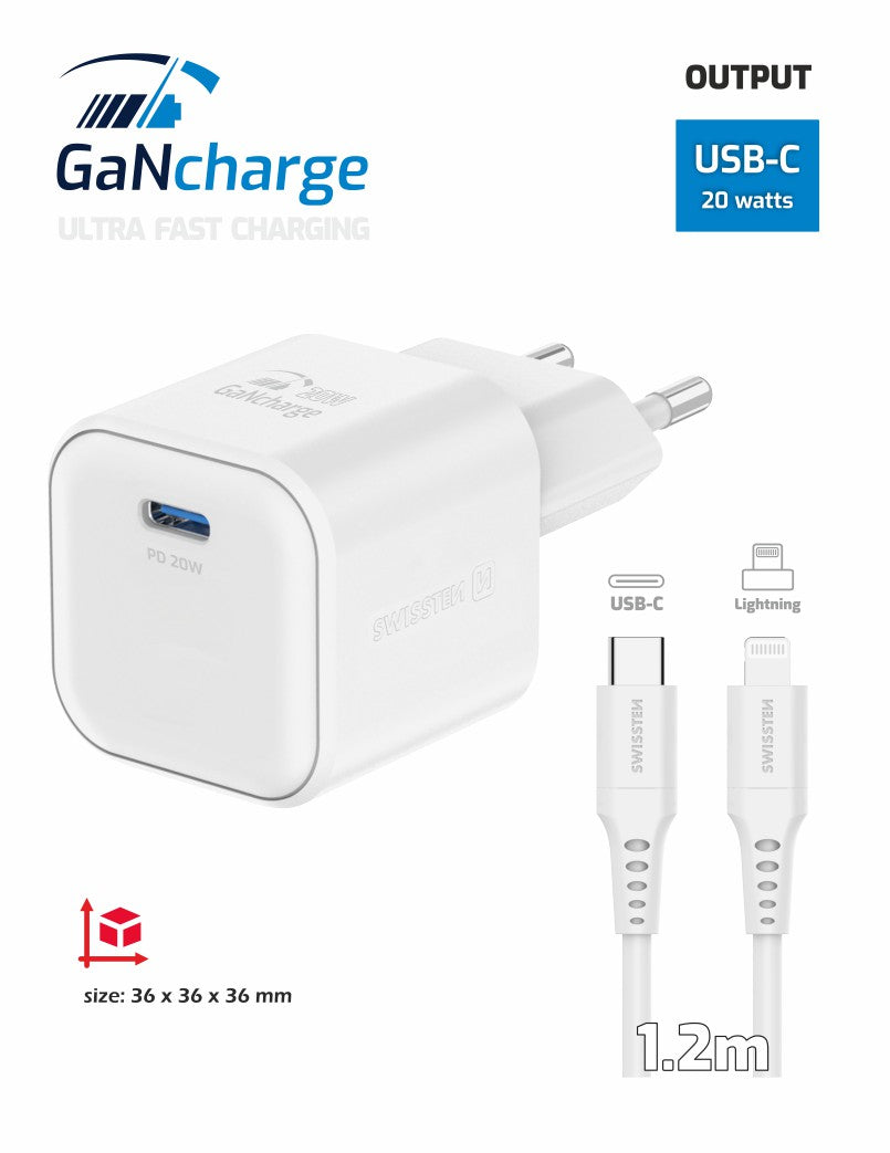 SWISSTEN CARICABATTERIE 20W POWER DELIVERY GaN USB-C CON CAVO USB-C LIGHTNING 27W (480 mb/s) 22070140