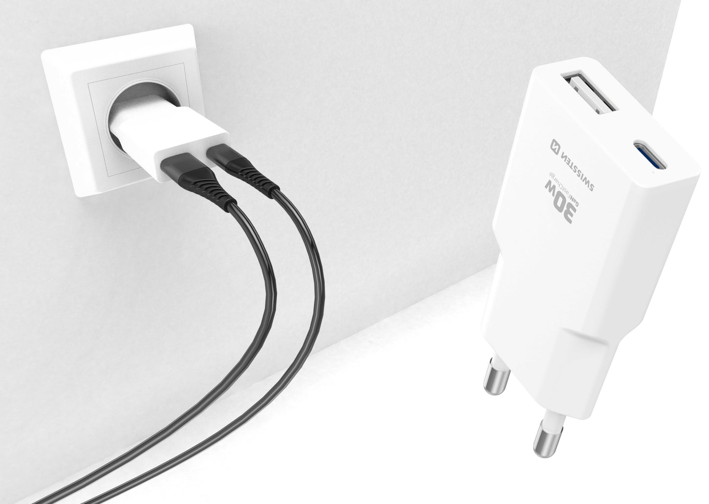 SWISSTEN CARICABATTERIE SLIM 30W DUO (USB-A+USB-C) POWER DELIVERY GaN QUICK CHARGER 3.0