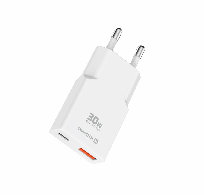 SWISSTEN CARICABATTERIE SLIM 30W DUO (USB-A+USB-C) POWER DELIVERY GaN QUICK CHARGER 3.0