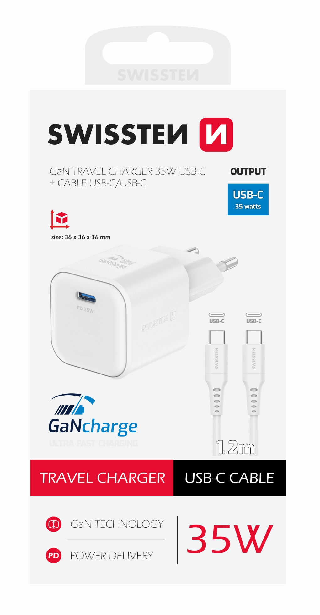 SWISSTEN CARICABATTERIE 35W POWER DELIVERY GaN USB-C CON CAVO USB-C USB-C 60W (480 mb/s) 22070220