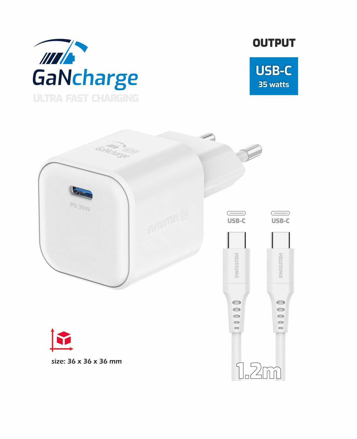 SWISSTEN CARICABATTERIE 35W POWER DELIVERY GaN USB-C CON CAVO USB-C USB-C 60W (480 mb/s) 22070220