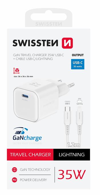 SWISSTEN CARICABATTERIE 35W POWER DELIVERY GaN USB-C CON CAVO USB-C LIGHTNING 27W (480 mb/s) 22070240