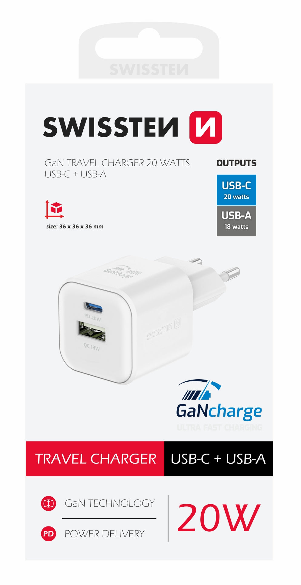 SWISSTEN CARICABATTERIE 20W DUO (USB-A+USB-C) POWER DELIVERY GaN QUICK CHARGER 3.0 22071100