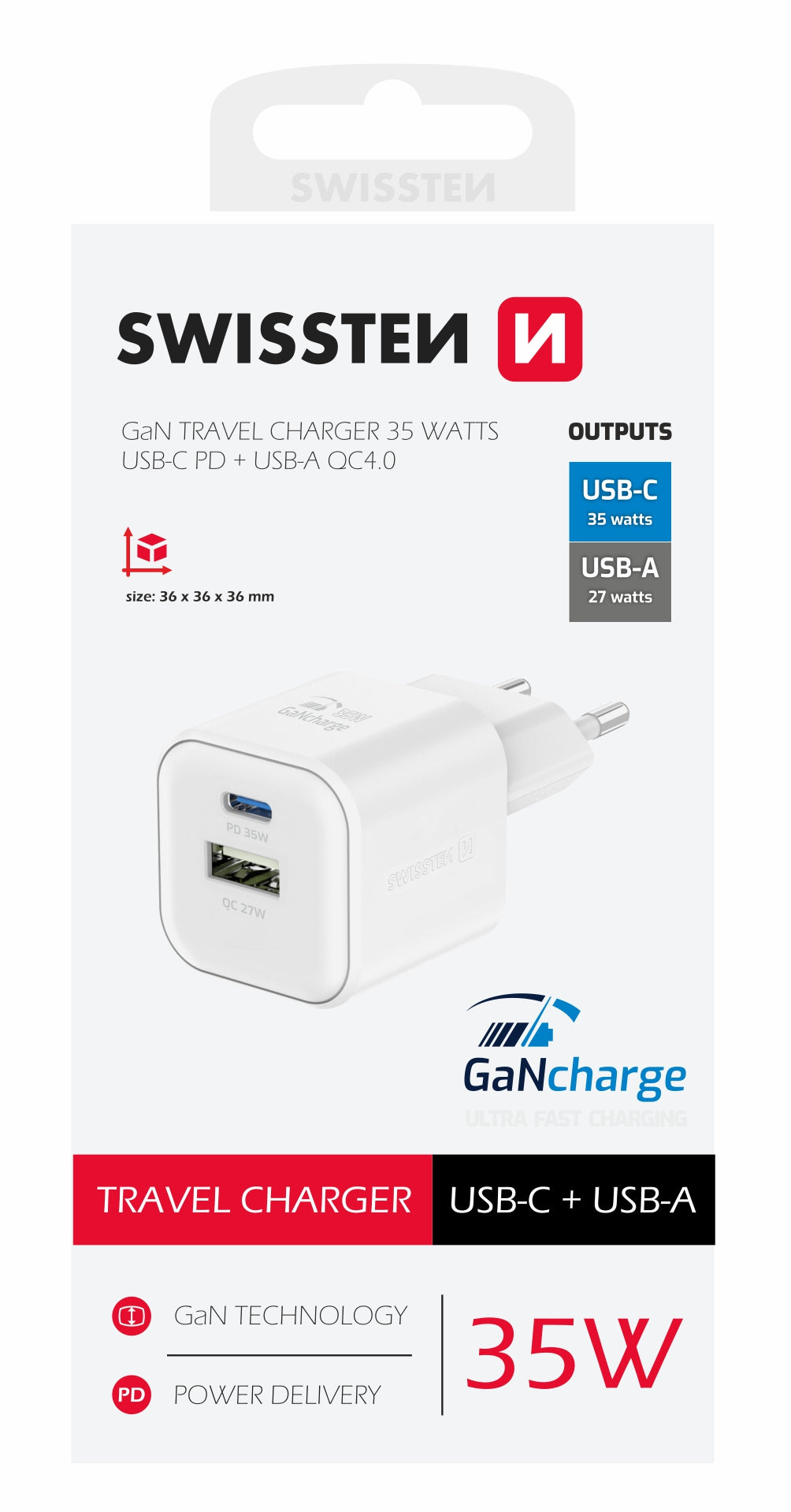 SWISSTEN CARICABATTERIE 35W DUO (USB-A+USB-C) POWER DELIVERY GaN QUICK CHARGER 3.0 22071200