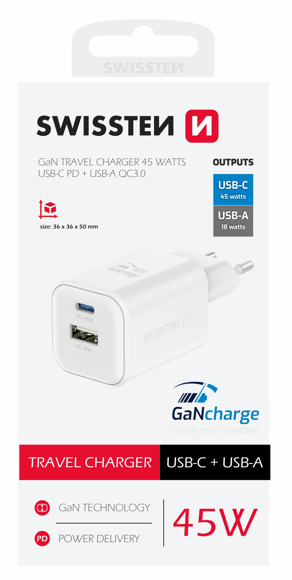 SWISSTEN CARICABATTERIE 45W DUO (USB-A+USB-C) POWER DELIVERY GaN QUICK CHARGER 3.0 22071300