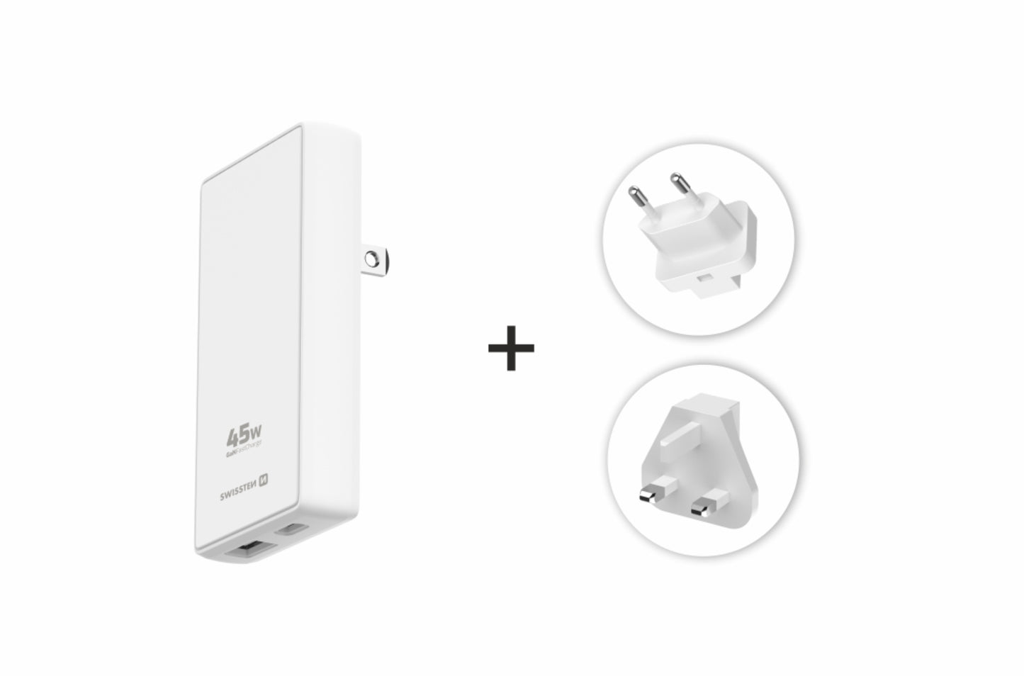 SWISSTEN WORLD TRAVEL CHARGER CARICABATTERIE 45W DUE PORTE (USB-A USB-C) GaN Quick Charge 3.0 CON TRE ADATTATORI 22071320