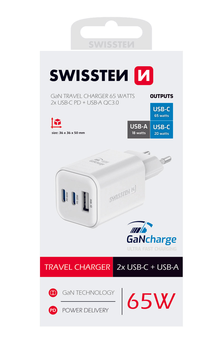 SWISSTEN CARICABATTERIE 65W TRIO (DUE PORTE USB-C ED UNA USB-A) POWER DELIVERY GaN QUICK CHARGER 3.0 22071400
