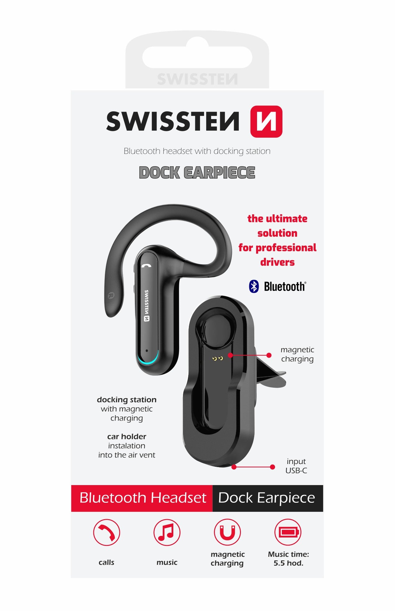 SWISSTEN AURICOLARE MONO BLUETOOTH 5.0 CON SUPPORTO E BASE DI RICARICA 51204000