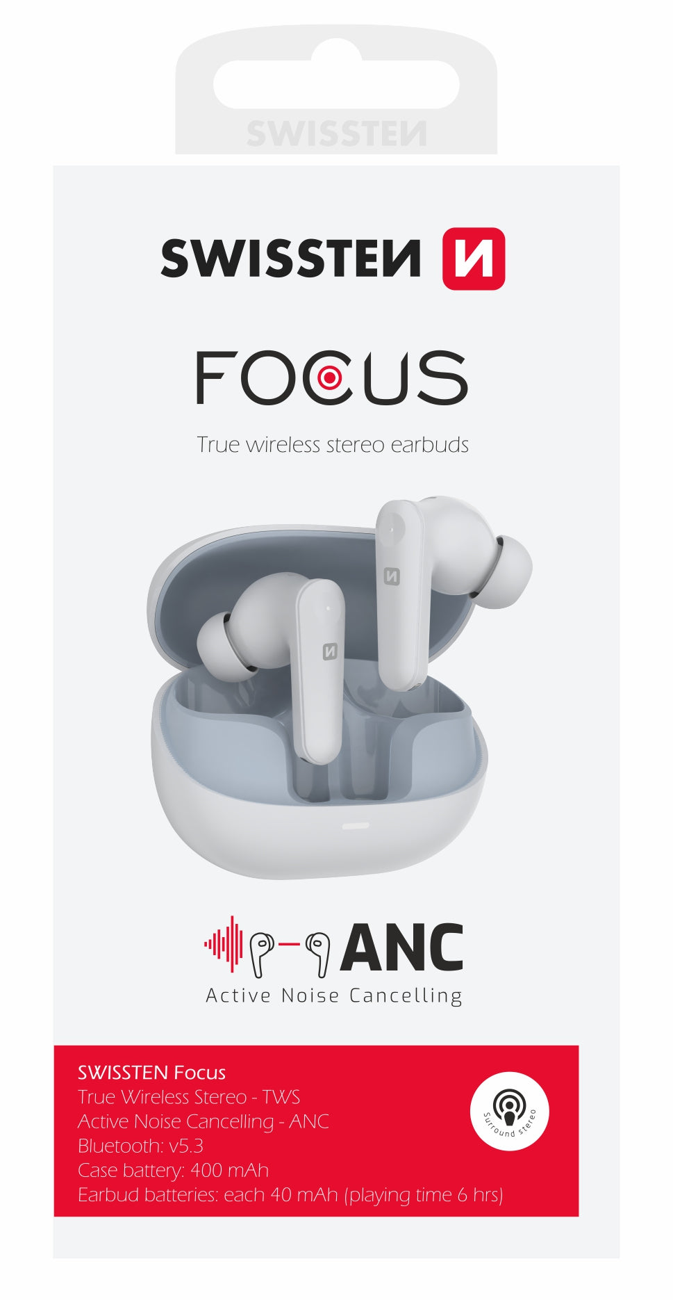 SWISSTEN FOCUS TWS BLUETOOTH 5.3 EARPHONES ANC (ACTIVE NOICE CANCELLING) AURICOLARI SENZA FILI STEREO BIANCHI 51500100