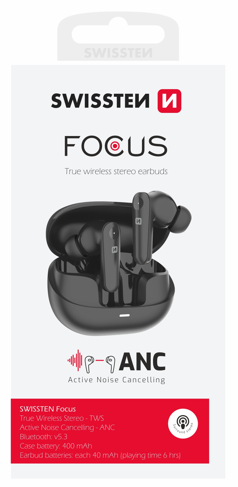 SWISSTEN FOCUS TWS BLUETOOTH 5.3 EARPHONES ANC (ACTIVE NOICE CANCELLING) AURICOLARI SENZA FILI STEREO NERI 51500200