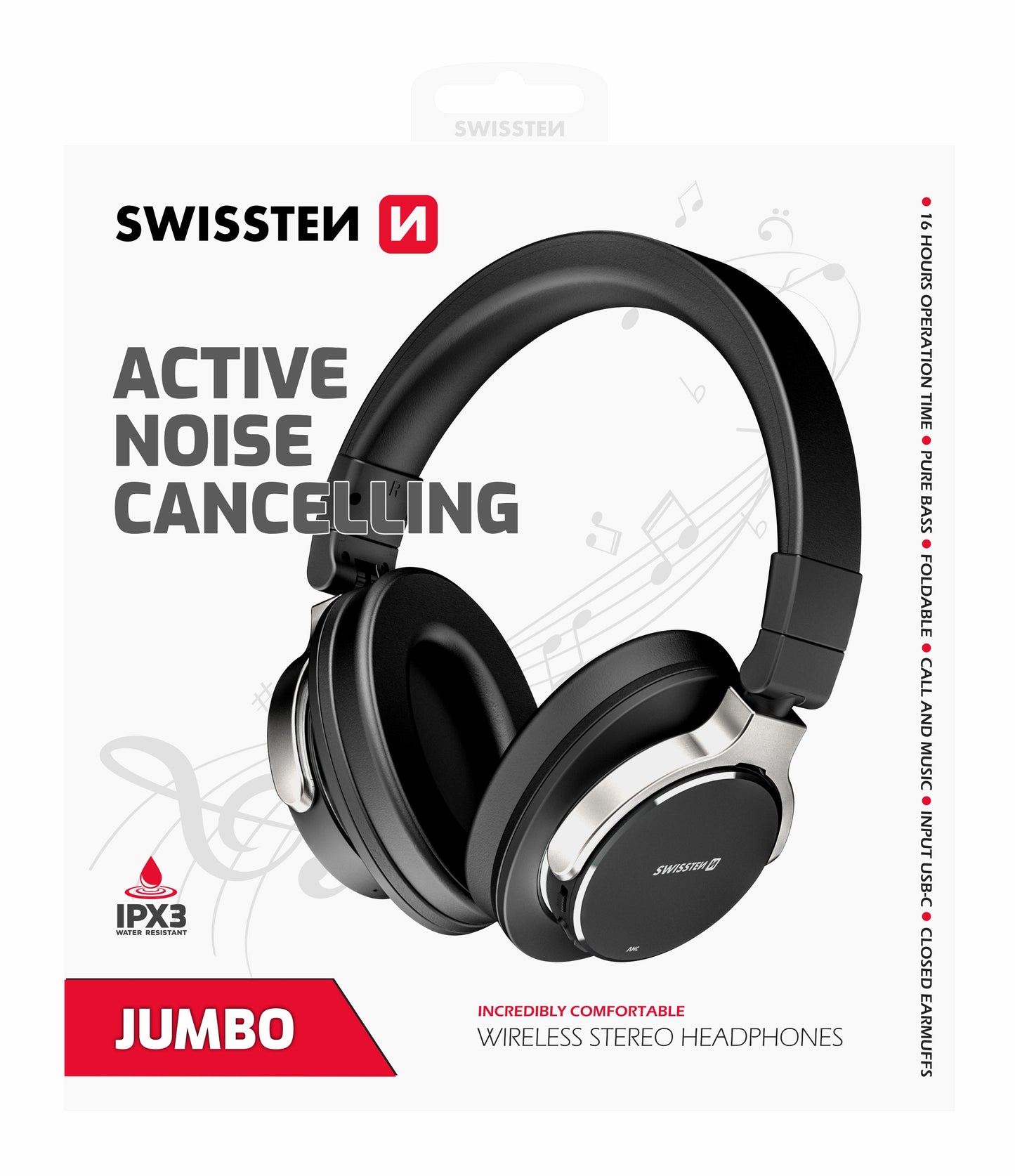 SWISSTEN CUFFIE JUMBO BLUETOOTH 5.3 ANC (ACTIVE NOICE CANCELLING) COLORE NERO CON MICROFONO 52510700