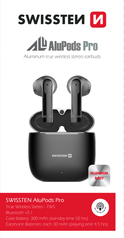 SWISSTEN ALUPODS PRO TWS BLUETOOTH 5.1 EARPHONES AURICOLARI SENZA FILI STEREO NERI 54300300