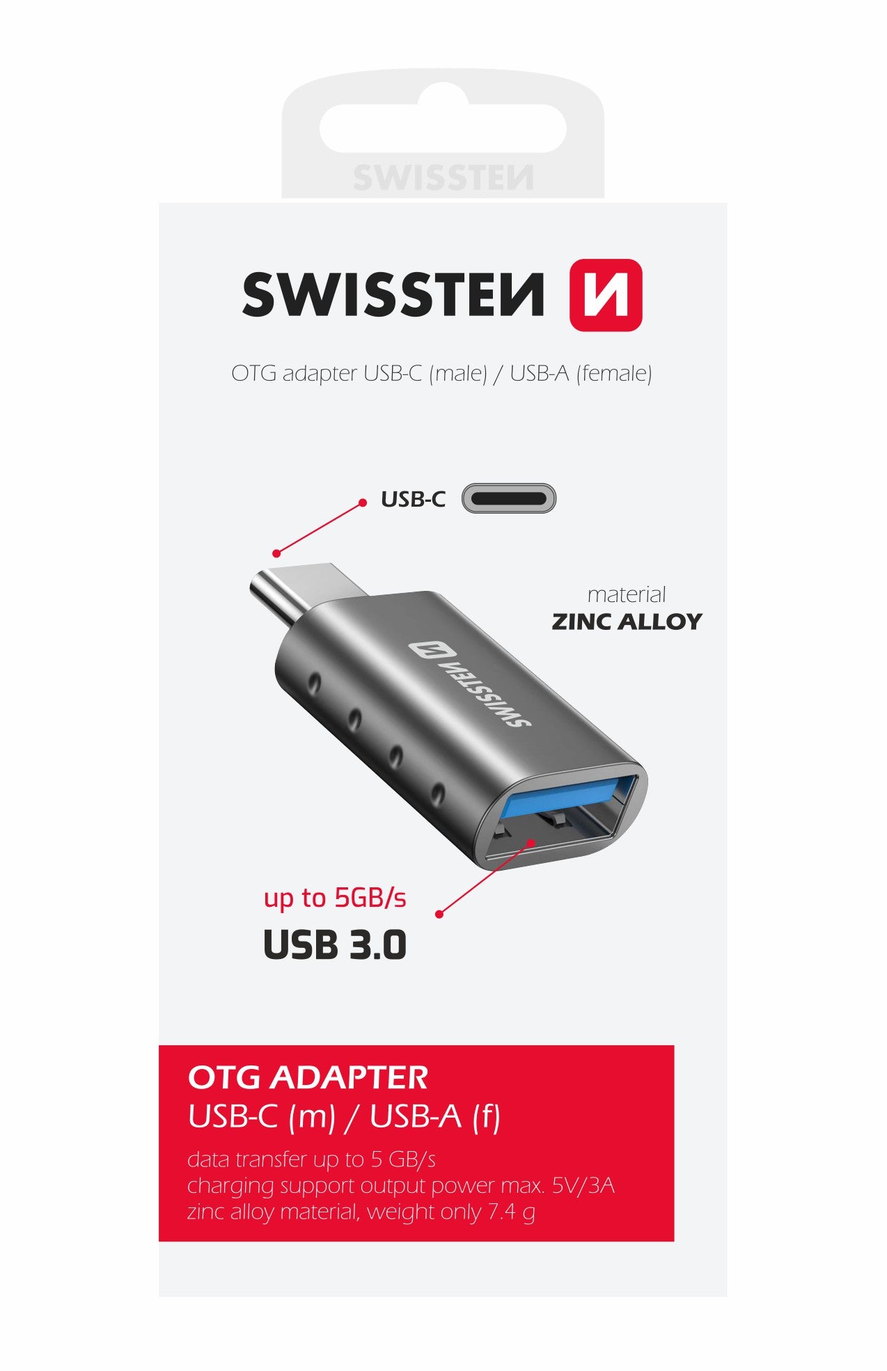 SWISSTEN ADATTATORE OTG (TRASFERIMENTO DATI FINO A 5 GB/s) USB 3.0 DA USB-A A USB-C 55500100