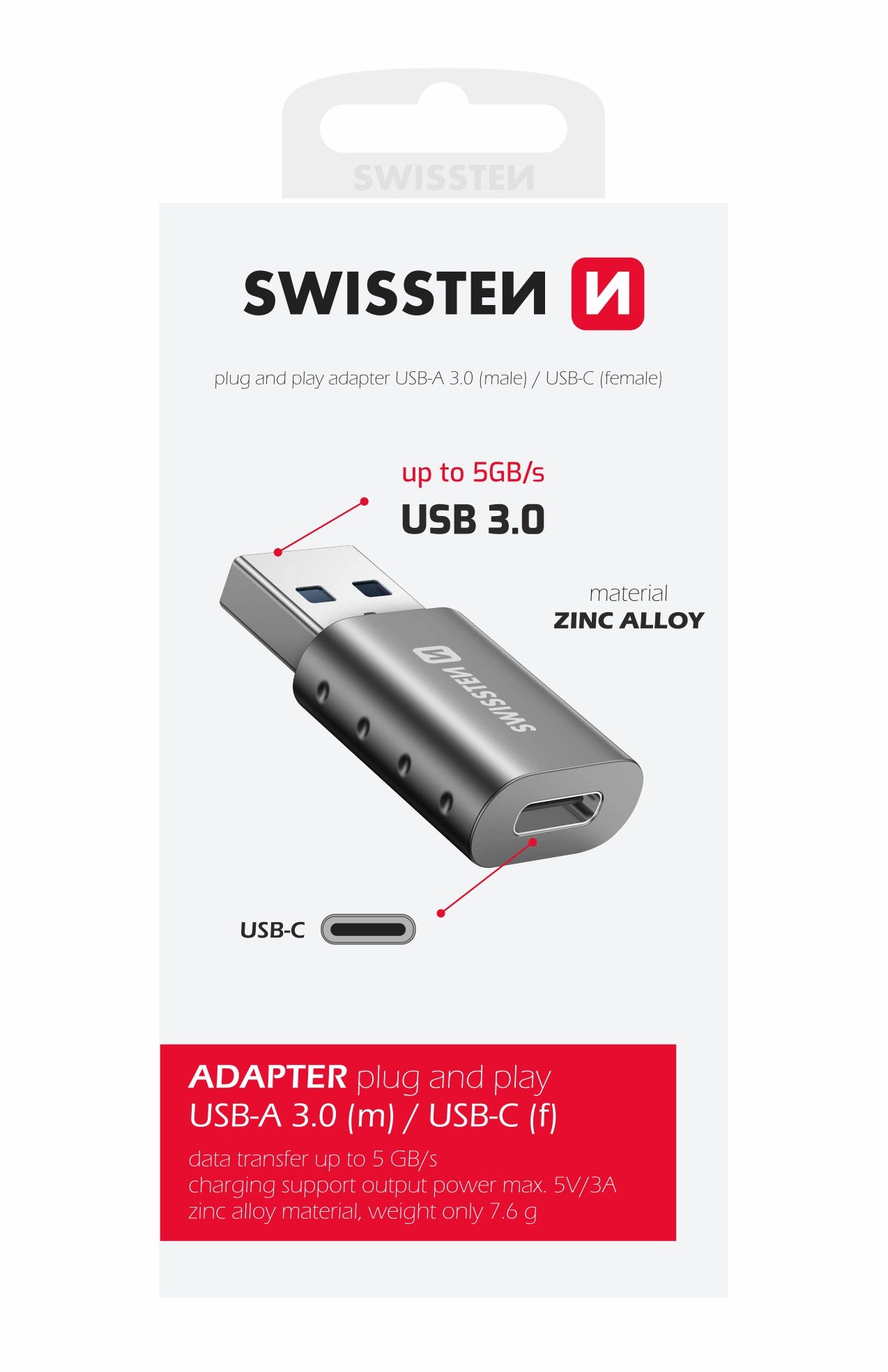 SWISSTEN ADATTATORE OTG (TRASFERIMENTO DATI FINO A 5 GB/s) USB 3.0 DA USB-C A USB-A 55500200