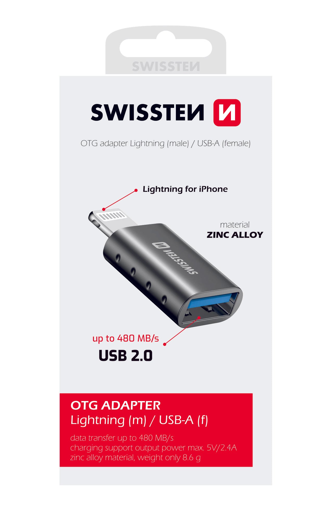 SWISSTEN ADATTATORE DI RICARICA ED OTG (TRASFERIMENTO DATI FINO A 480 MB/s) DA USB-A A LIGHTNING 55500300