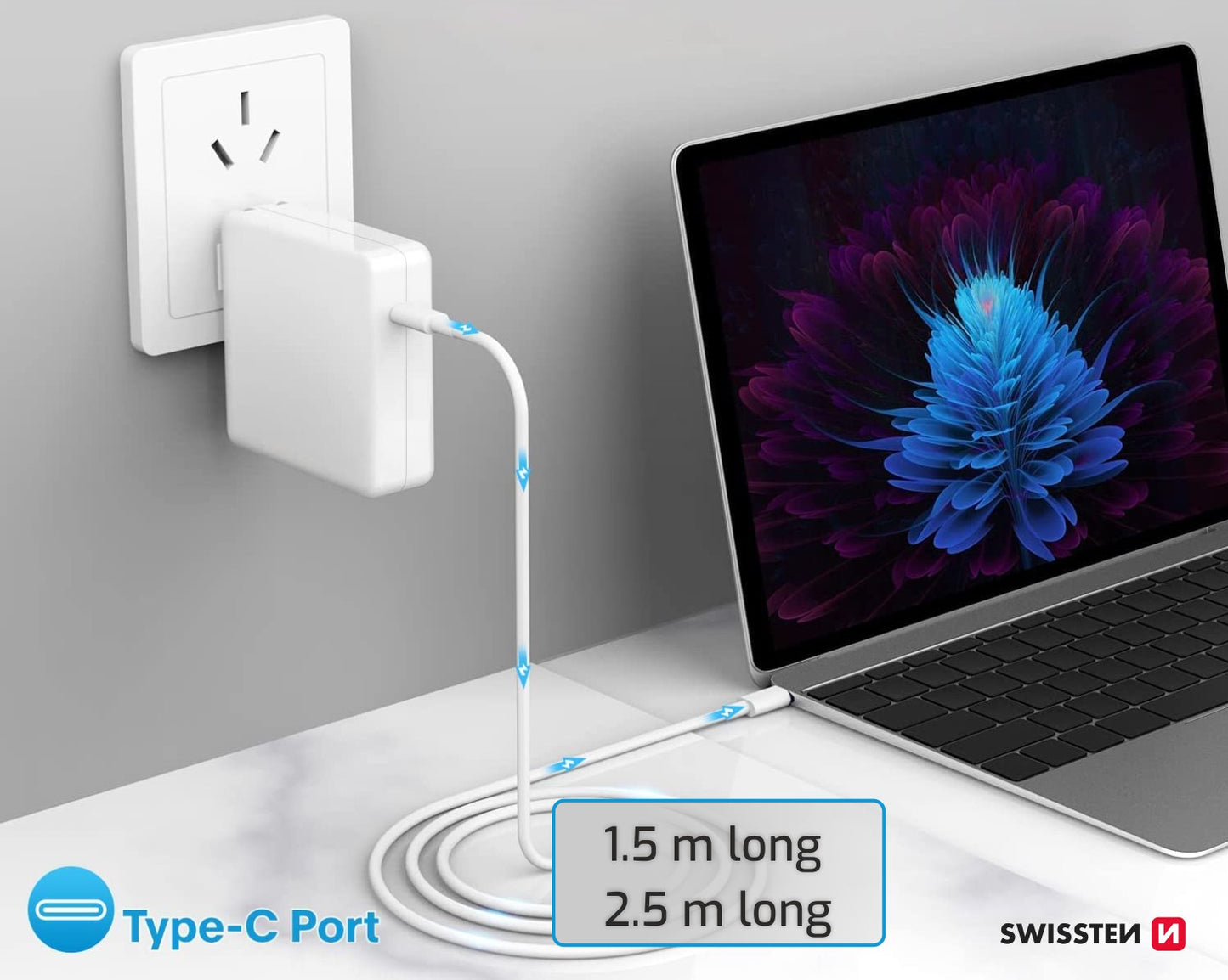SWISSTEN CAVO DATI TPU BIANCO USB-C / USB-C 1,5 MT 5A 100W 71506520