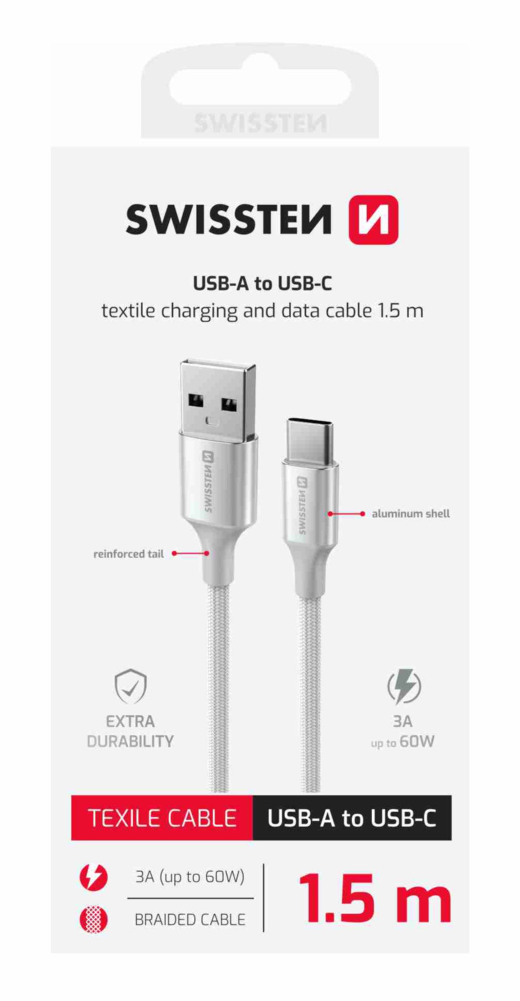 SWISSTEN CAVO DATI INTRECCIATO USB-A / USB-C DA 1,5MT 3A 60W 71521310
