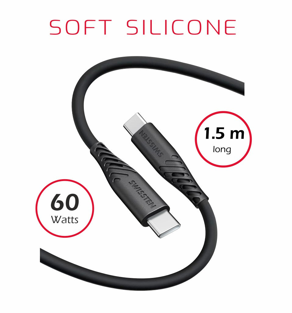 SWISSTEN CAVO DATI GOMMATO USB-C / USB-C NERO DA 1,5 MT 3A 60W 71532010