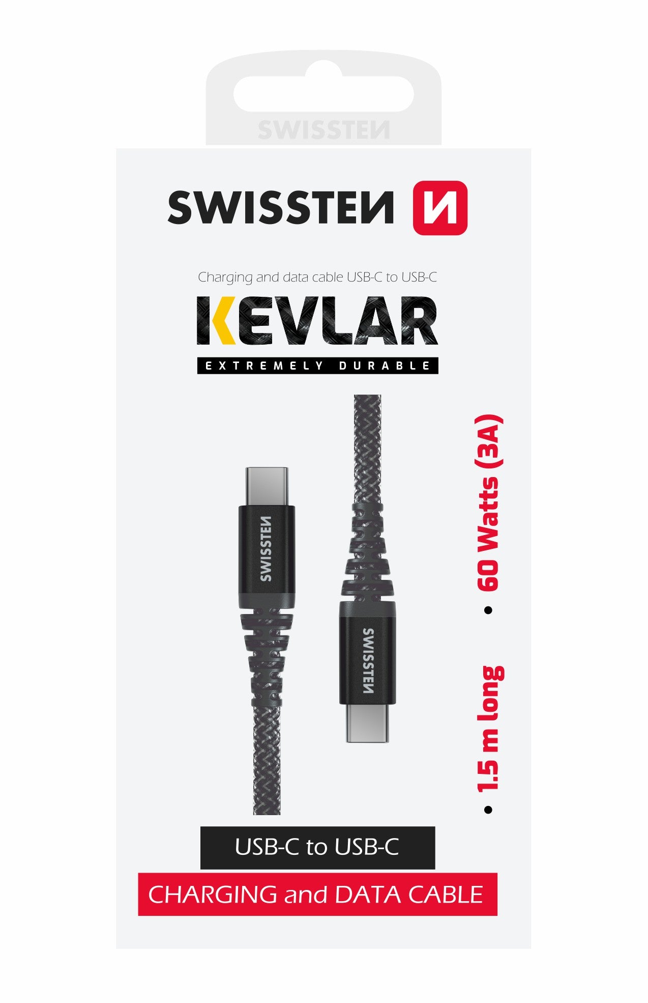 SWISSTEN CAVO DATI KEVLAR ANTRACITE USB-C / USB-C DA 1,5 MT 3A 60W 71542010