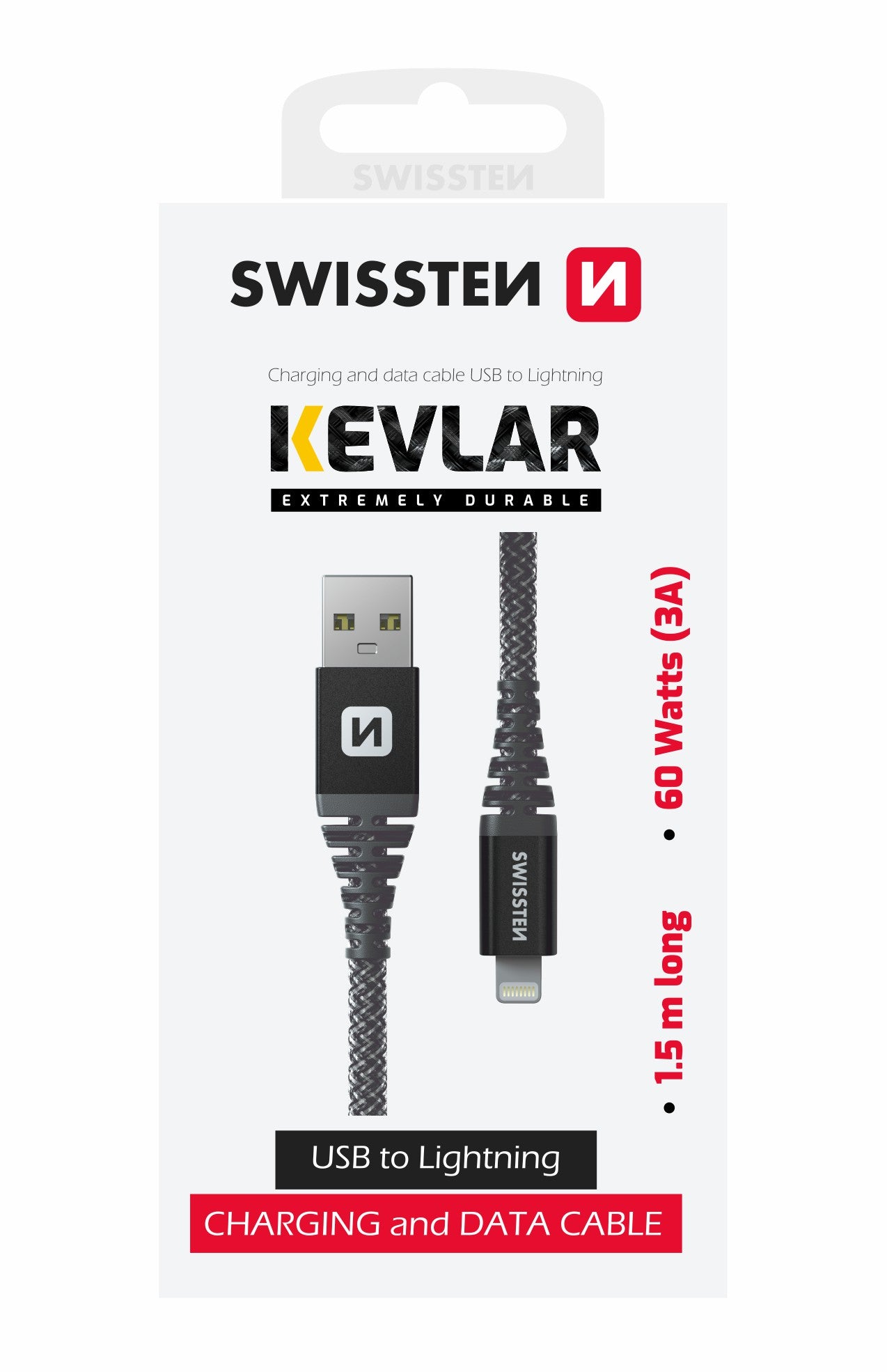 SWISSTEN CAVO DATI KEVLAR ANTRACITE USB-A / LIGHTNING 1,5 MT 3A 60W 71543010
