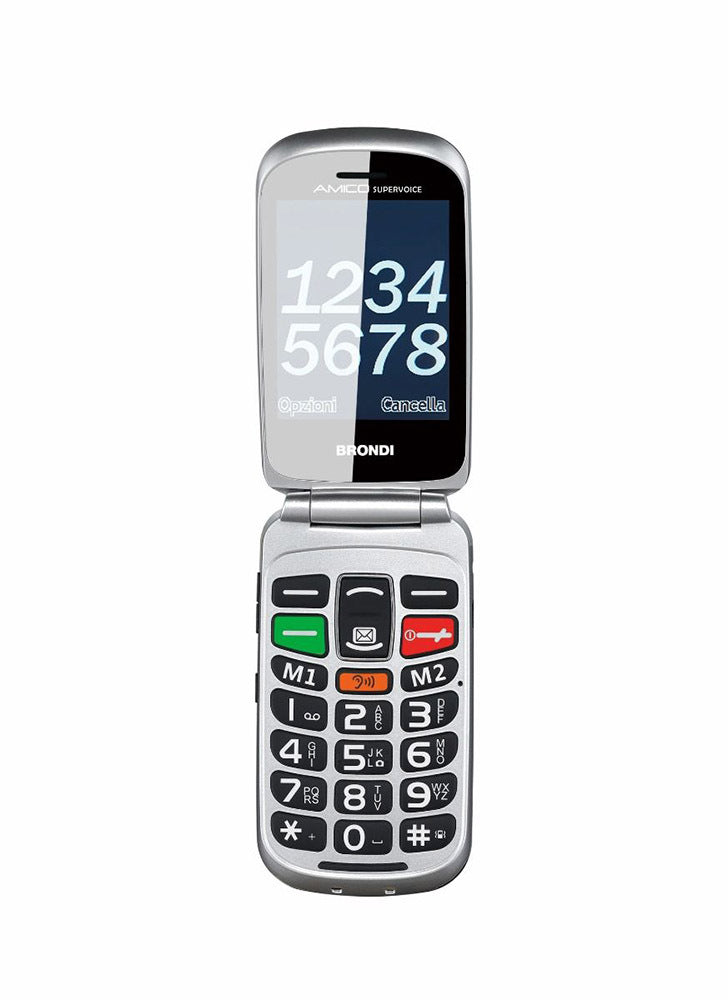 TELEFONO CELLULARE A CONCHIGLIA CON BASE DI RICARICA E TASTI E NUMERI GRANDI BRONDI AMICO SUPERVOICE