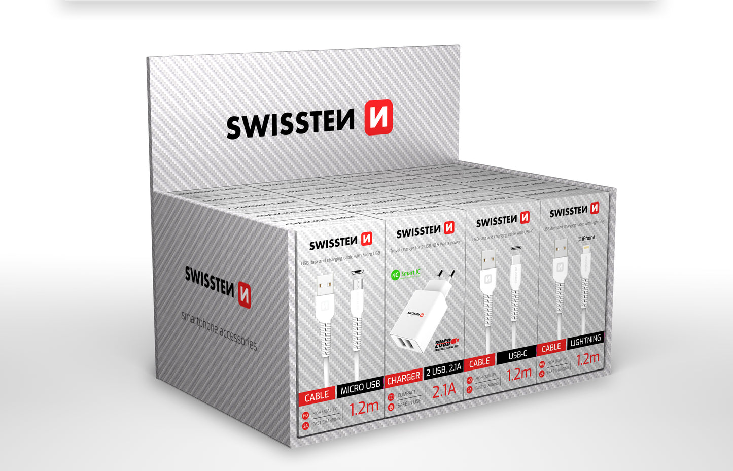 SWISSTEN BOX DA BANCO 20 PEZZI COMPLETO DI CARICABATTERIE E CAVI