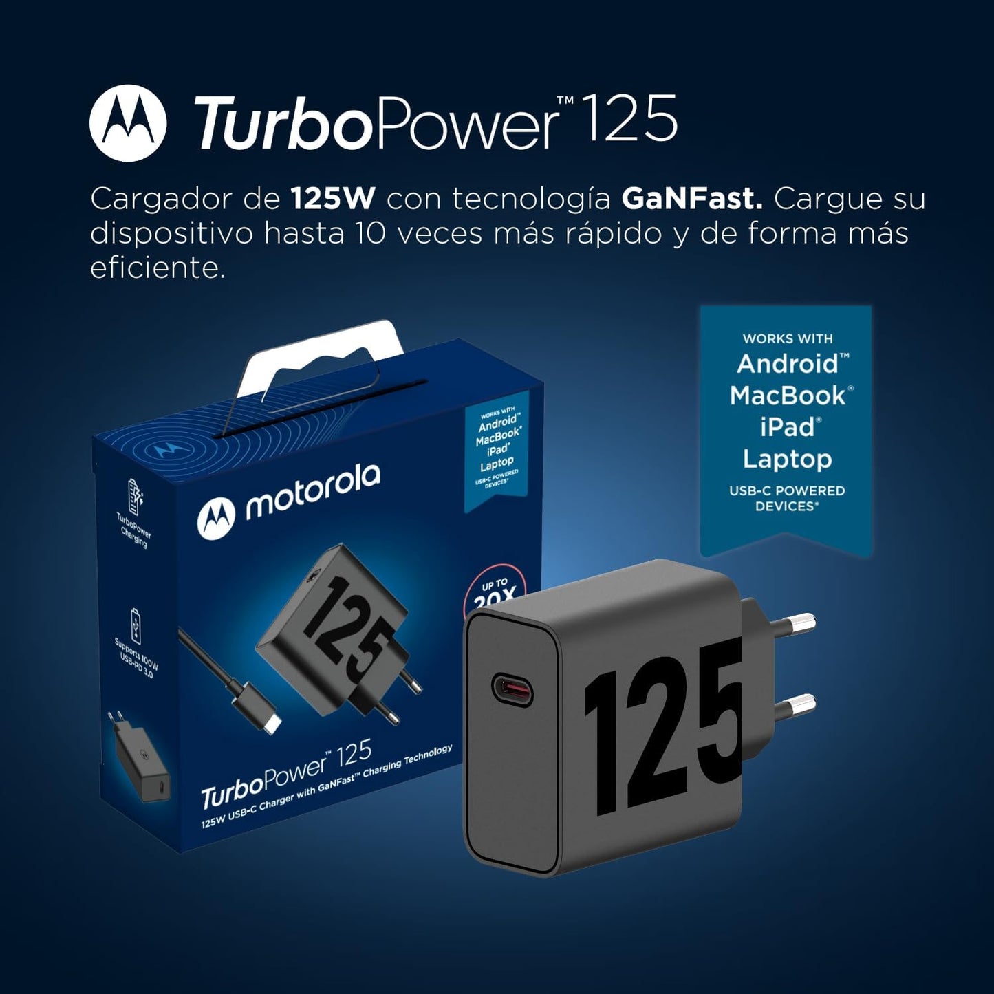 MOTOROLA CARICABATTERIE ORIGINALE USB-C TURBO POWER 125W GaNFast CON CAVO USB-C USB-C SJMC1252