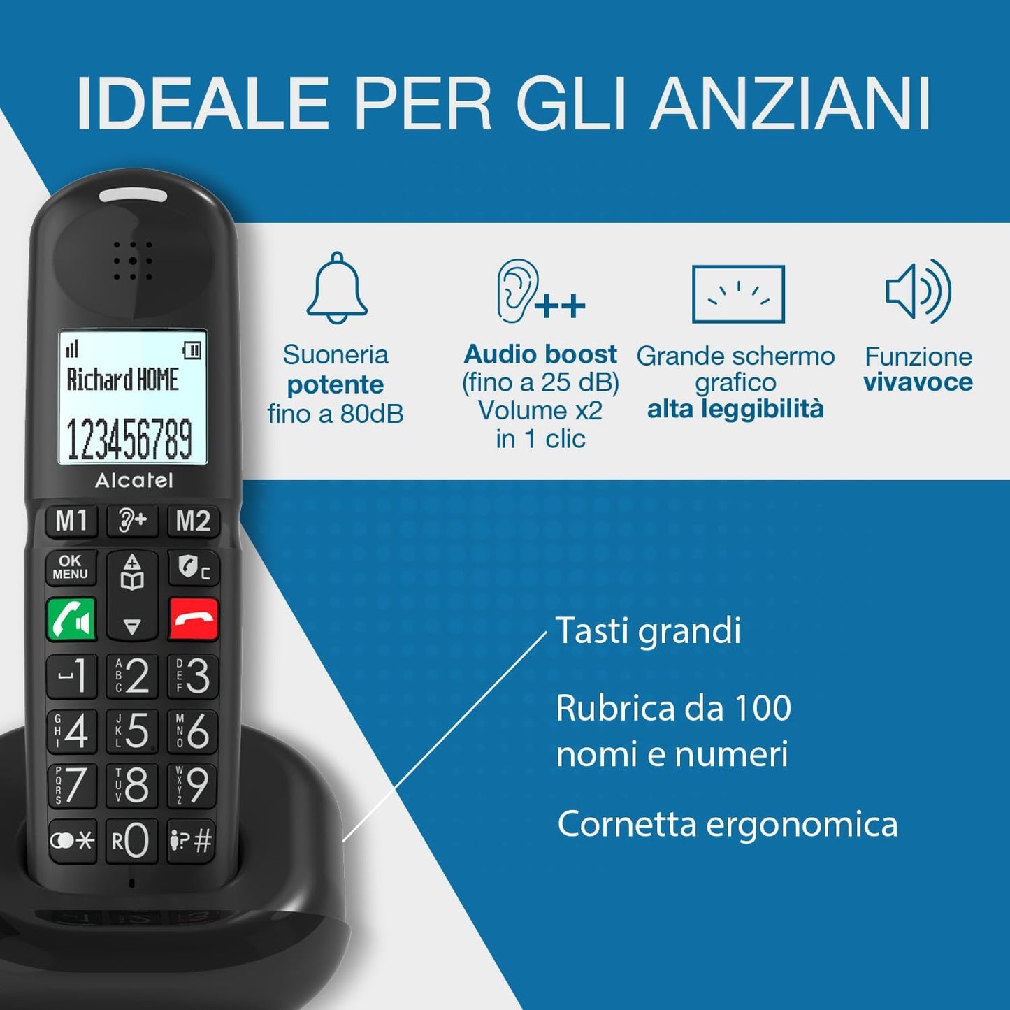 ALCATEL TELEFONO CORDLESS CON VIVAVOCE TASTI E NUMERI GRANDI MEMORIE DIRETTE ASCOLTO AMPLIFICATO XL685 NERO