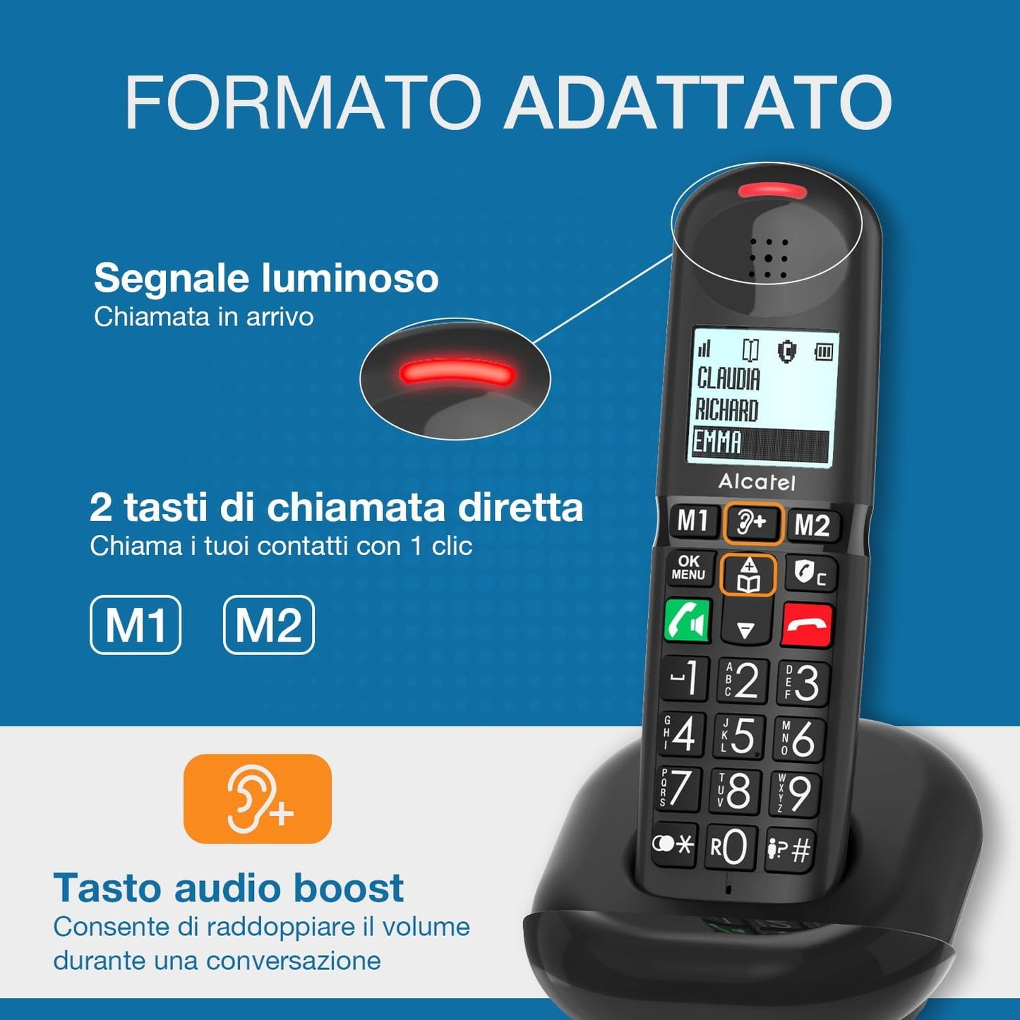 ALCATEL TELEFONO CORDLESS CON VIVAVOCE TASTI E NUMERI GRANDI MEMORIE DIRETTE ASCOLTO AMPLIFICATO XL685 NERO