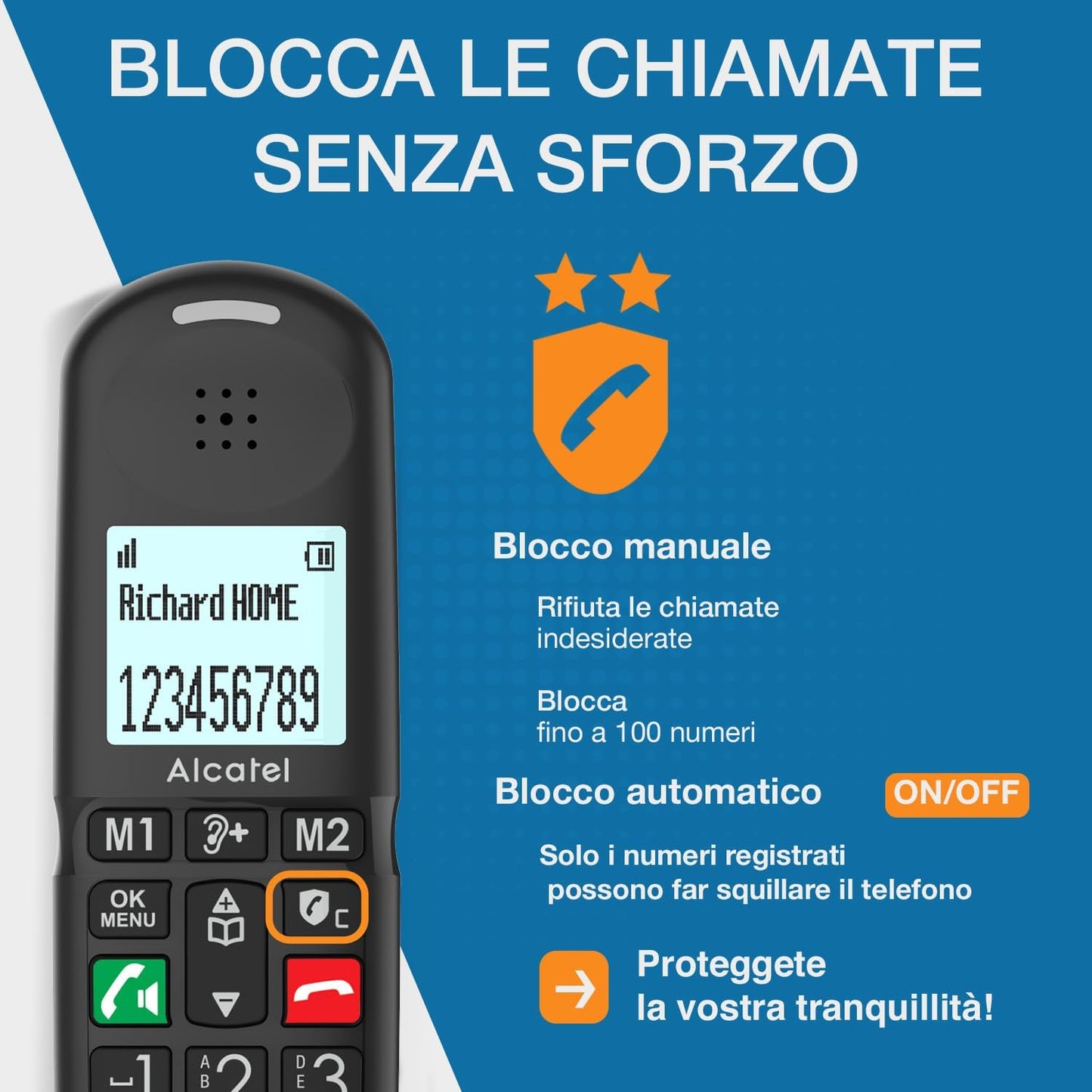 ALCATEL TELEFONO CORDLESS CON VIVAVOCE TASTI E NUMERI GRANDI MEMORIE DIRETTE ASCOLTO AMPLIFICATO XL685 NERO