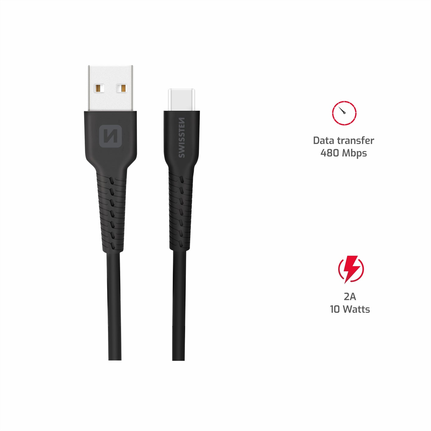 SWISSTEN CAVO DATI GOMMATO USB / USB-C NERO DA 1 MT 2A 10W 71505530