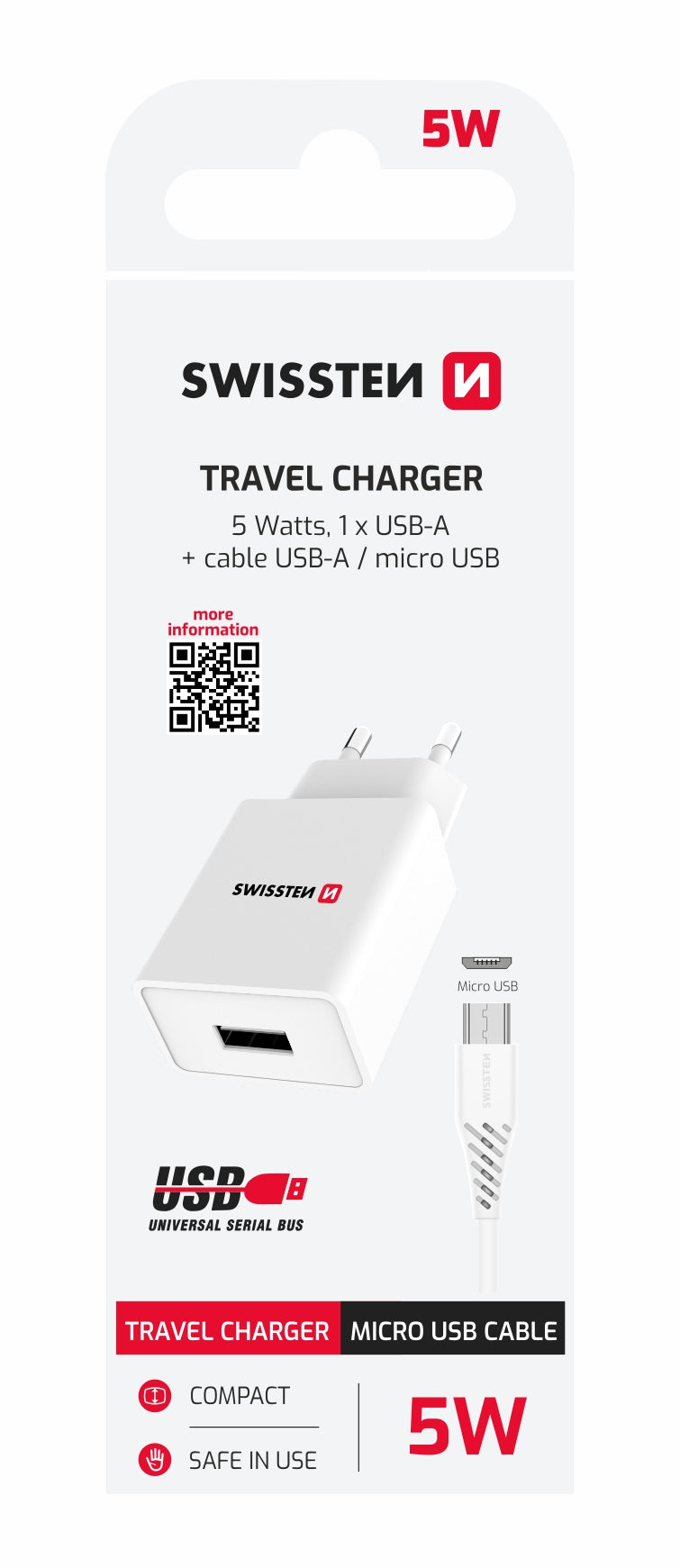 SWISSTEN CARICABATTERIE 5W SMART IC USB CON CAVO USB-A MICRO USB 22061000