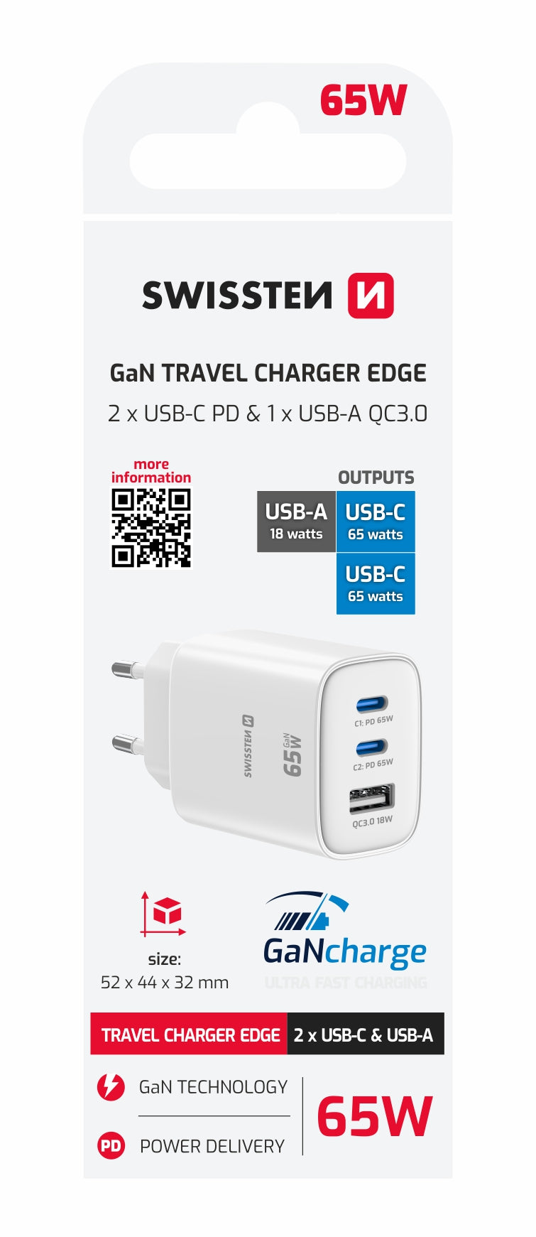 SWISSTEN CARICABATTERIE 65W POWER DELIVERY GaN TRIO (DUE PORTE USB-C ED UNA USB-A QUICK CHARGE 18W) 22071720