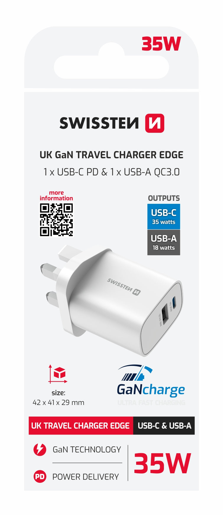 SWISSTEN CARICABATTERIE 45W DUO (USB-A+USB-C) POWER DELIVERY FAST CHARGING PRESA UK 22045102