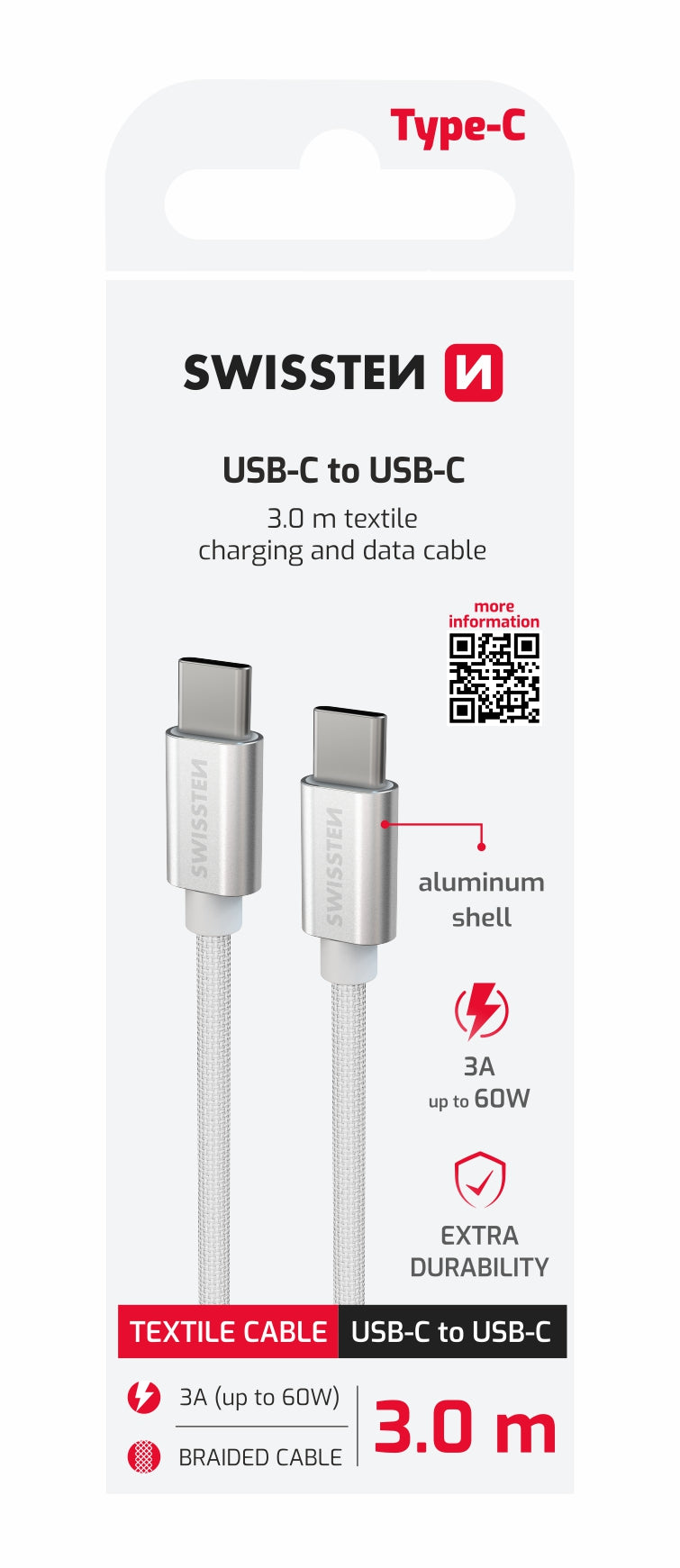 SWISSTEN CAVO DATI TESSILE RINFORZATO GIRGIO USB-C / USB-C 3A 60W
