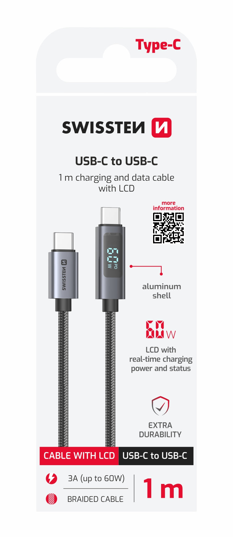 SWISSTEN CAVO DATI LCD USB-C / USB-C DA 1 MT 3A 60W 71551075
