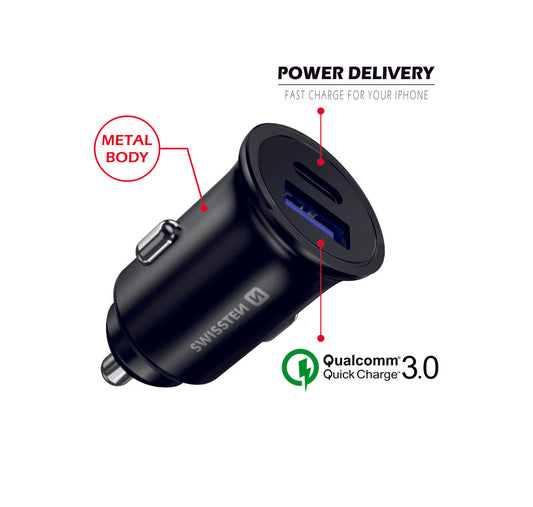 SWISSTEN CAR CHARGER 36W DUO (USB-A USB-C) QUALCOMM QUICK CHARGER 3.0 20111760