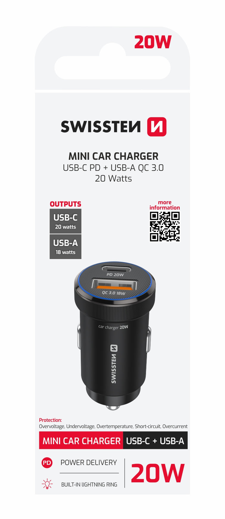 SWISSTEN CAR CHARGER 20W DUO (USB-A+USB-C) 20111901