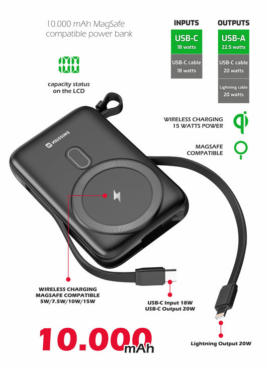 SWISSTEN POWER BANK 10000mAh CON LED DISPLAY Qi MagSafe CON CAVI INTEGRATI USB-C E LIGHTNING 22.5W 22013933