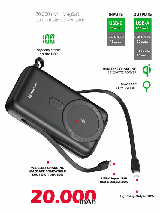 SWISSTEN POWER BANK 20000mAh CON LED DISPLAY Qi MagSafe CON CAVI INTEGRATI USB-C E LIGHTNING 22.5W 22013934